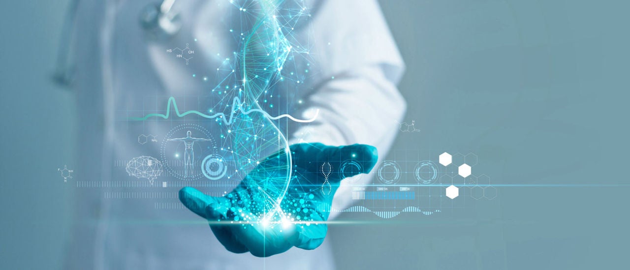 doctors hand reaching out with science graphic visualy in their hand