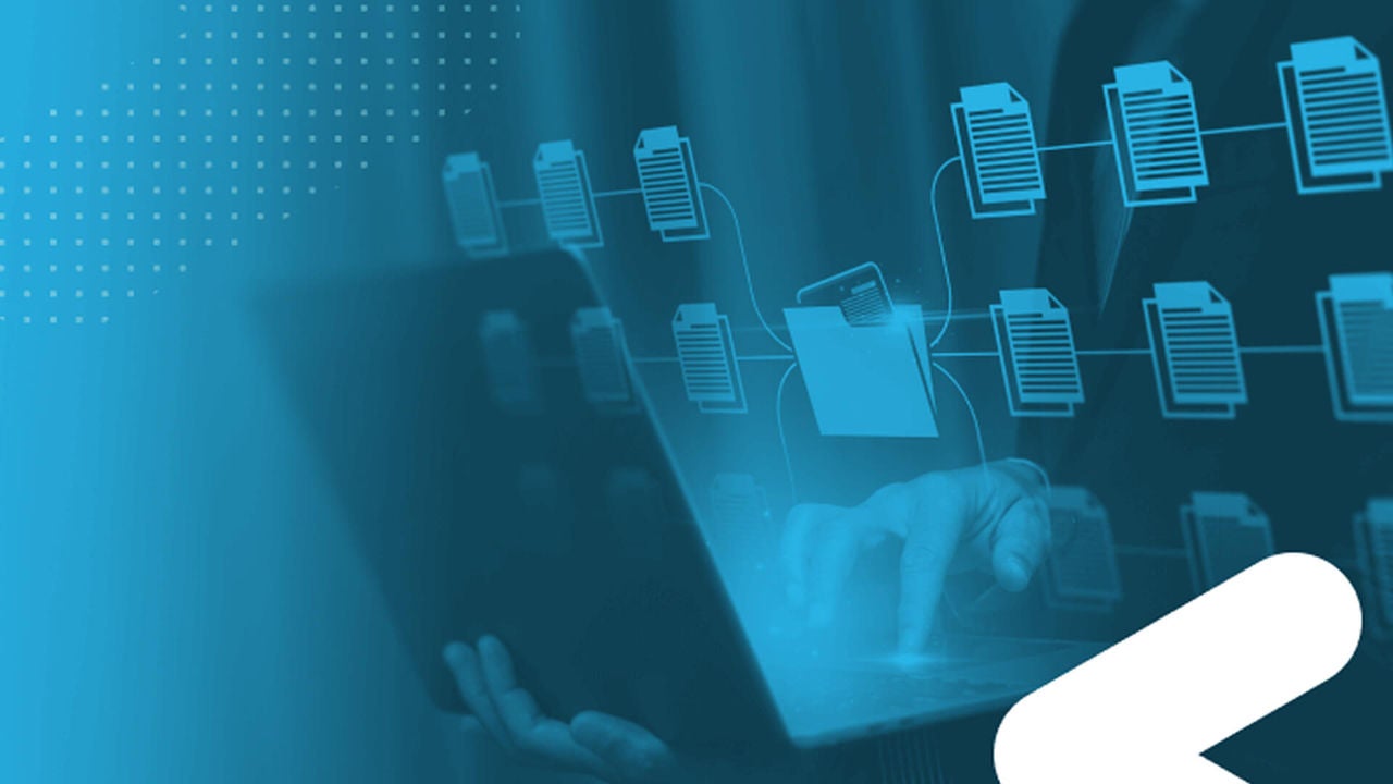 Composite illustration of a person typing on a computer with a file system overlaying the photo