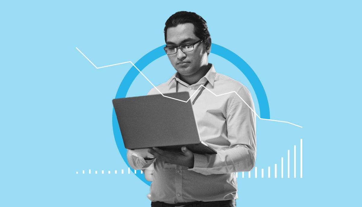 Digital illustration of a person typing on a laptop with graphs