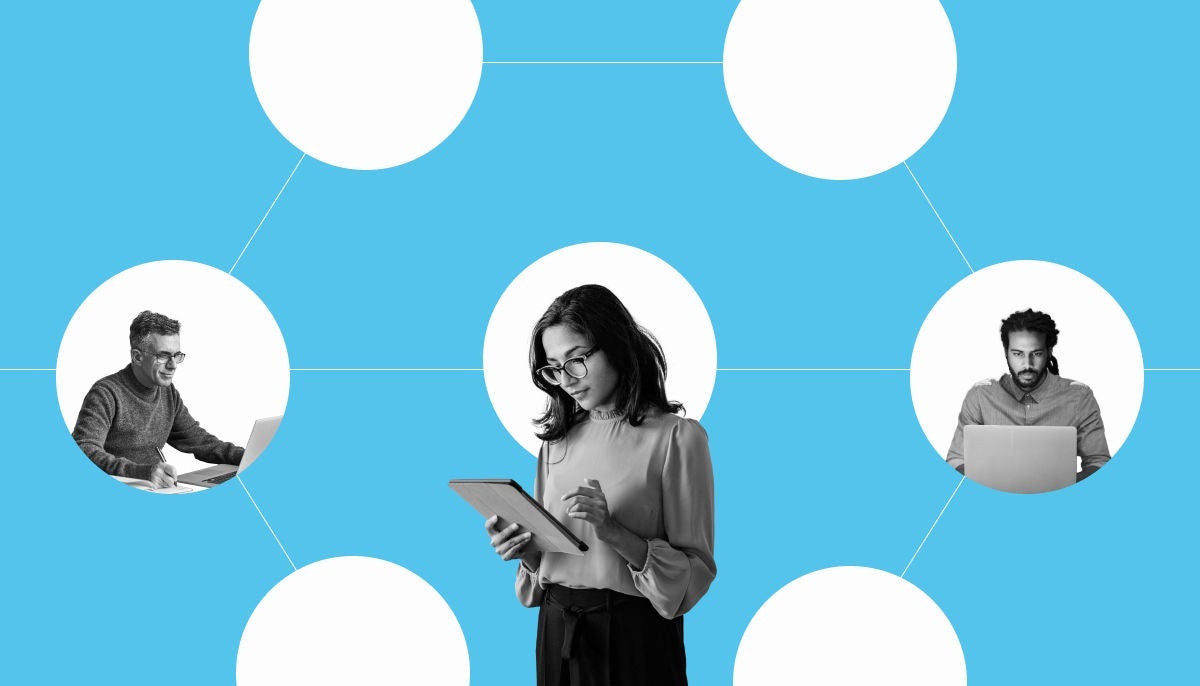 Composite image and illustration of people working, connected by a network of lines and dots