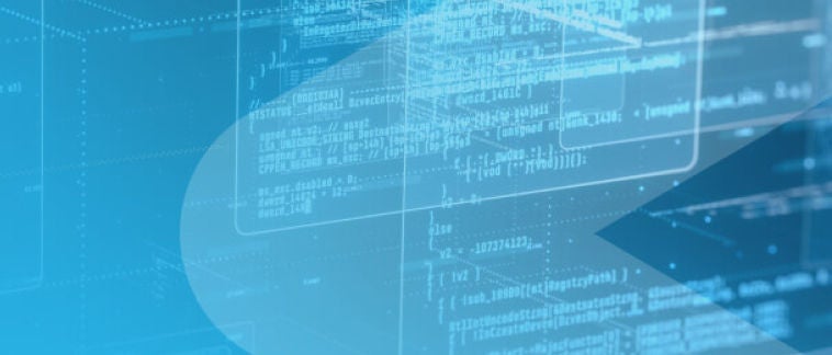 Compostie illustration of a blue snowflake gradient over a photo of code on a monitor