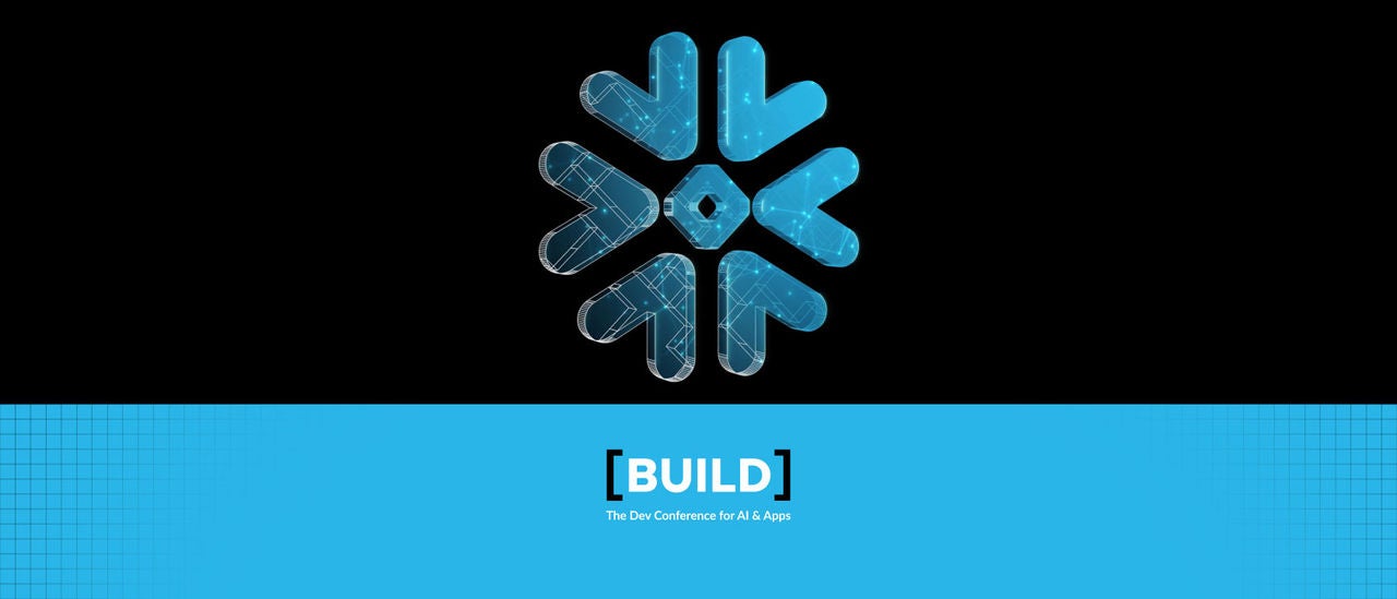 Digital illustration of Snowflake logo in blue with BUILD logo below on a blue bar
