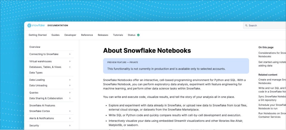 Screenshot of online docs for Snowflake Notebooks