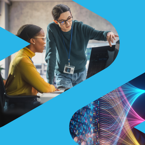 Two chevrons on a blue background, one featuring people in front of a computer and the other is with mix of lights