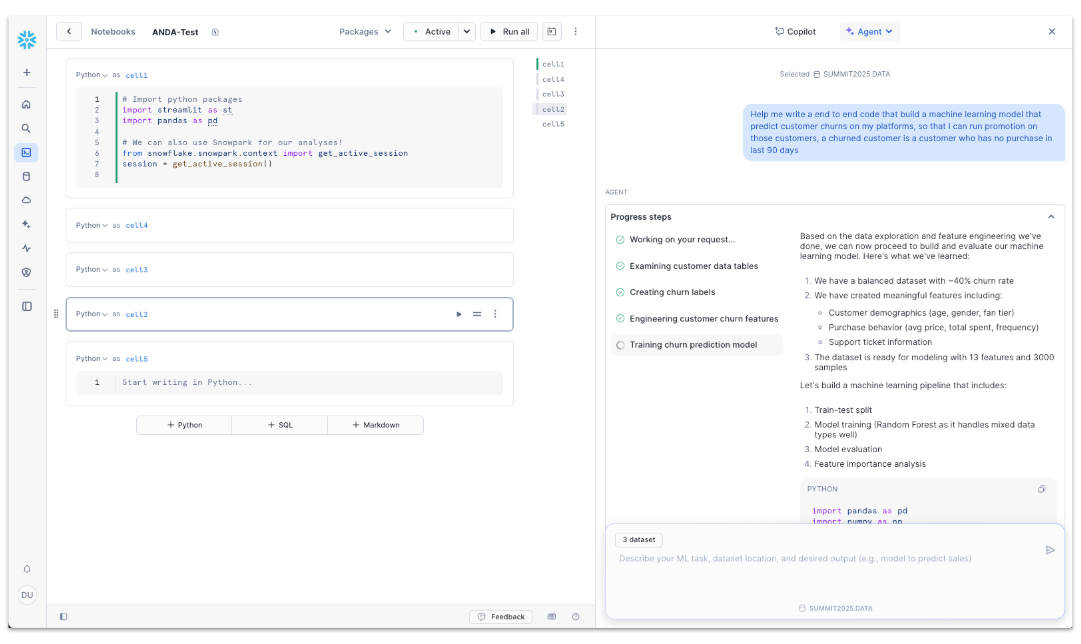 Figure 3: Data Science Agent generates ML pipelines in the form of Snowflake Notebooks cells. 