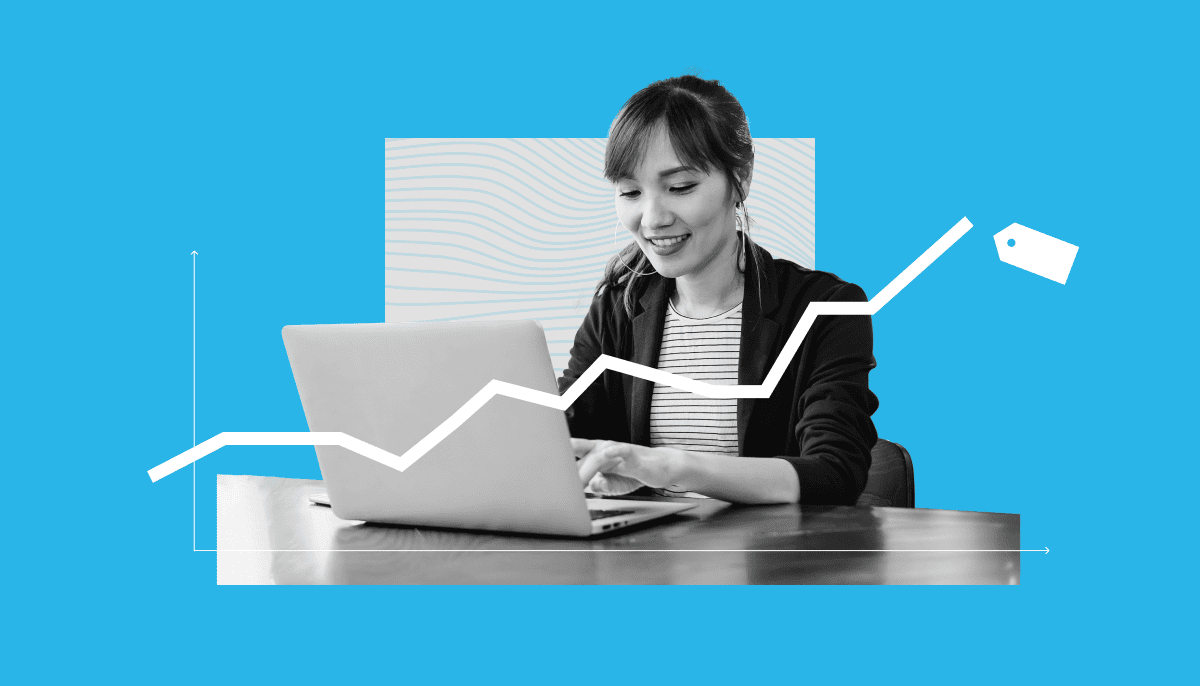 cut out image of woman using laptop on a blue background and graph line above