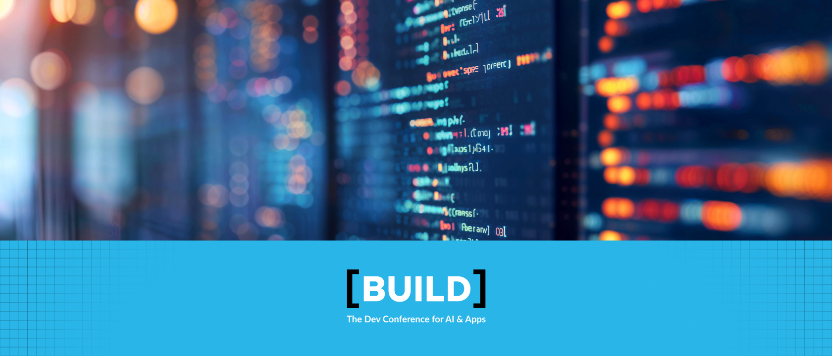 BUILD logo with photo of code running across screens in shades of blue, orange, red