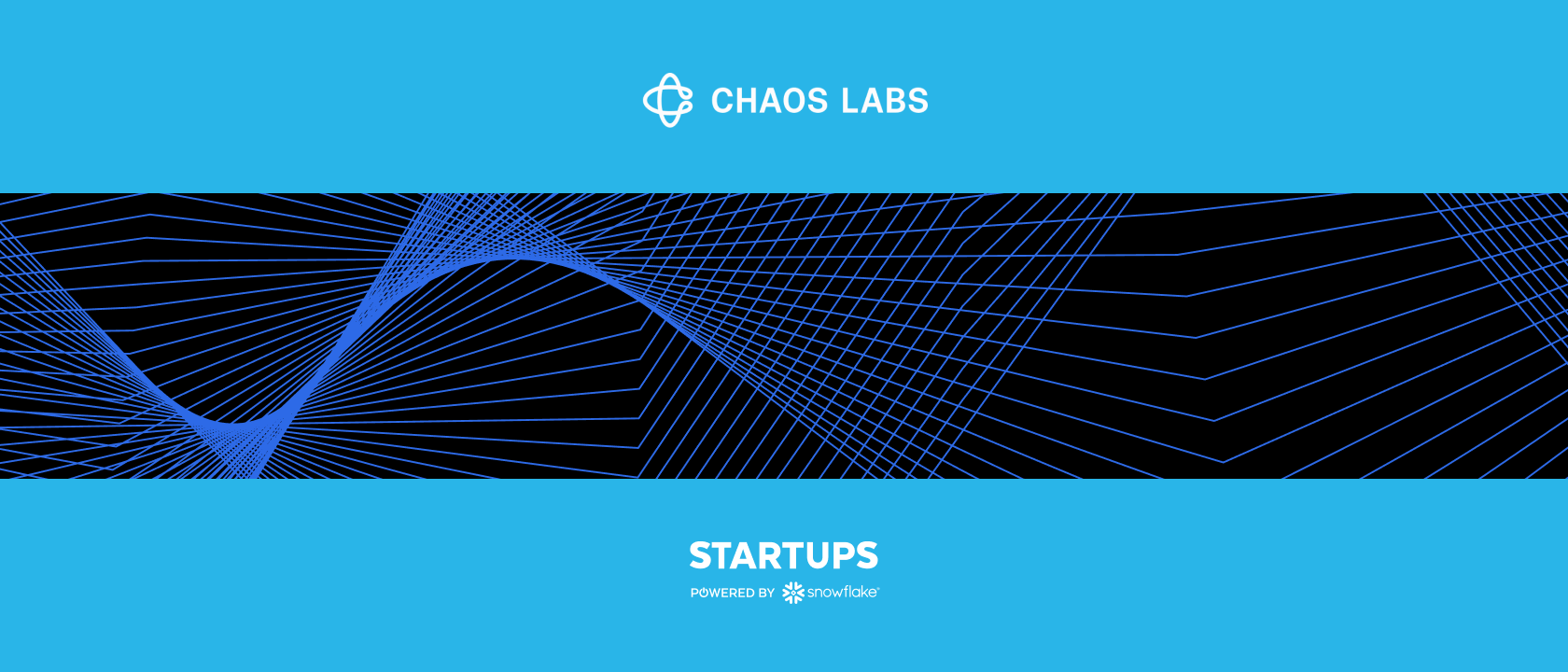 Logos for Chaos Labs and Snowflake Startups on blue bars with a wavy grid between the bars