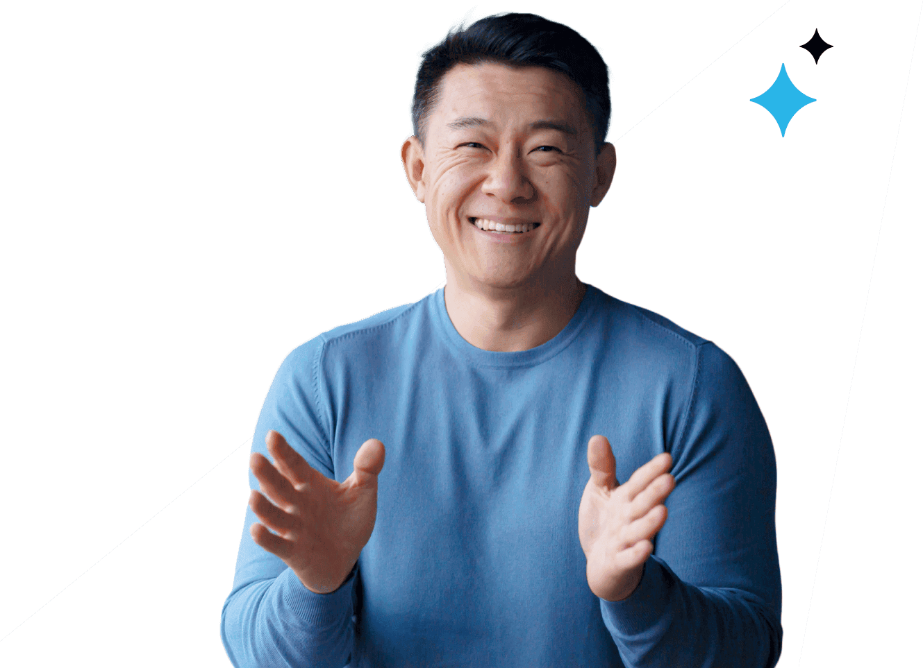 man reaching hands slightly out with white light beam behind him and blue stars