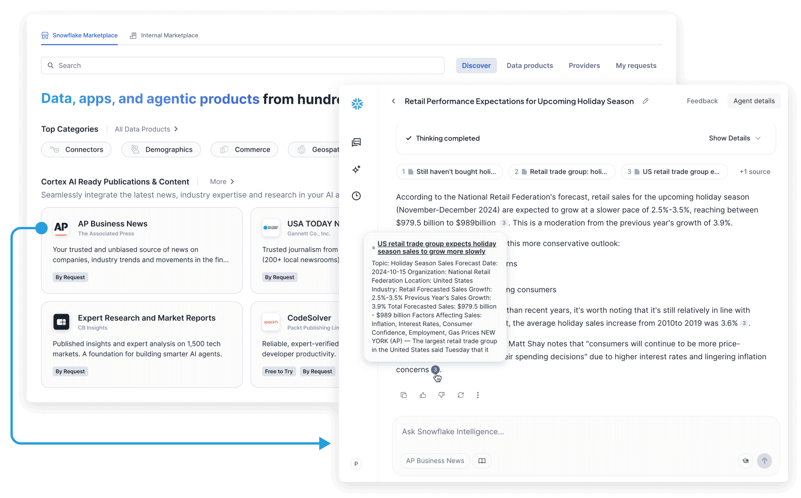 Snowflake Marketplace screenshot with a screenshot of snowflake intelligence on top and a blue do