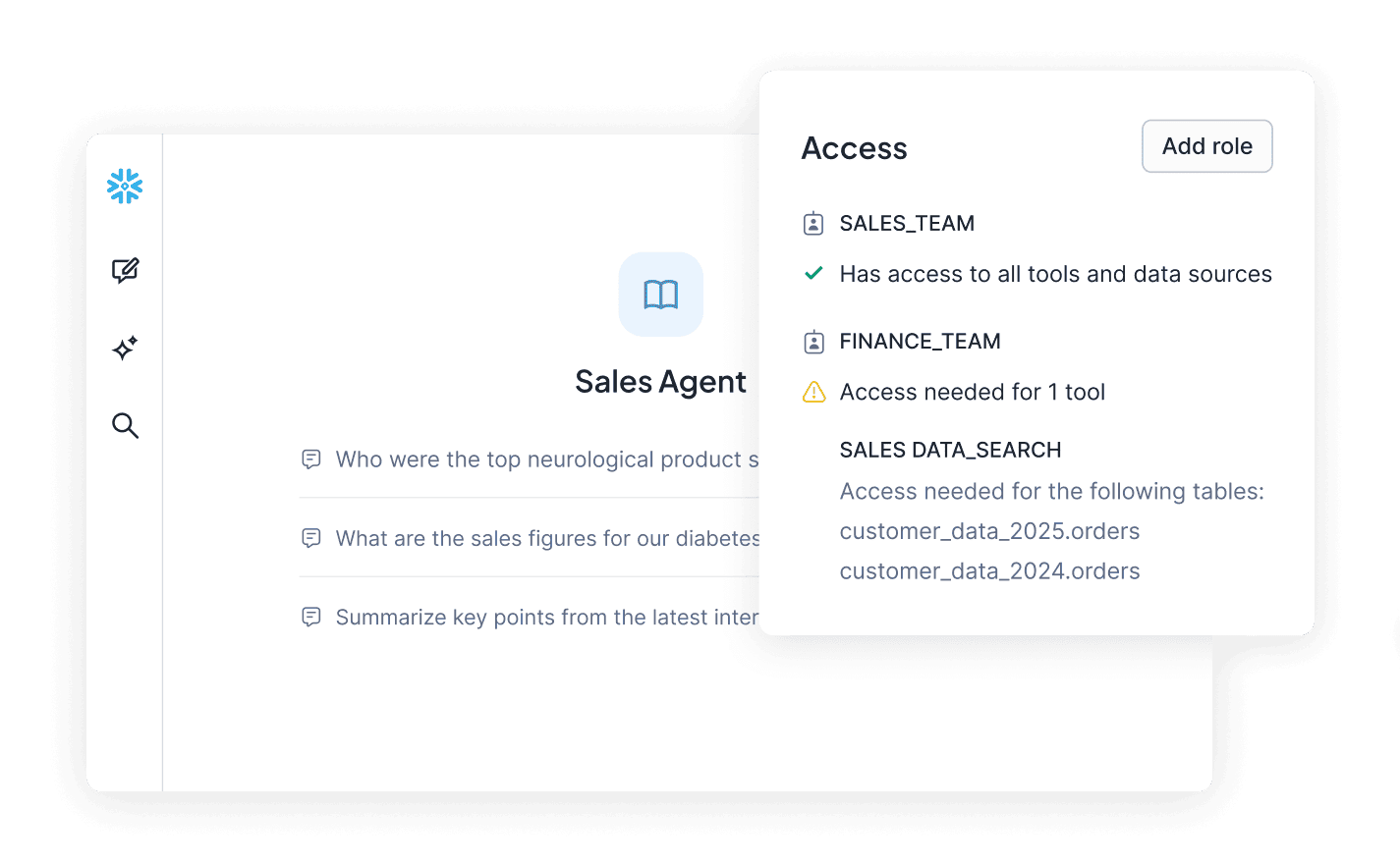 Snowflake Intelligence agent dashboard and team permissions