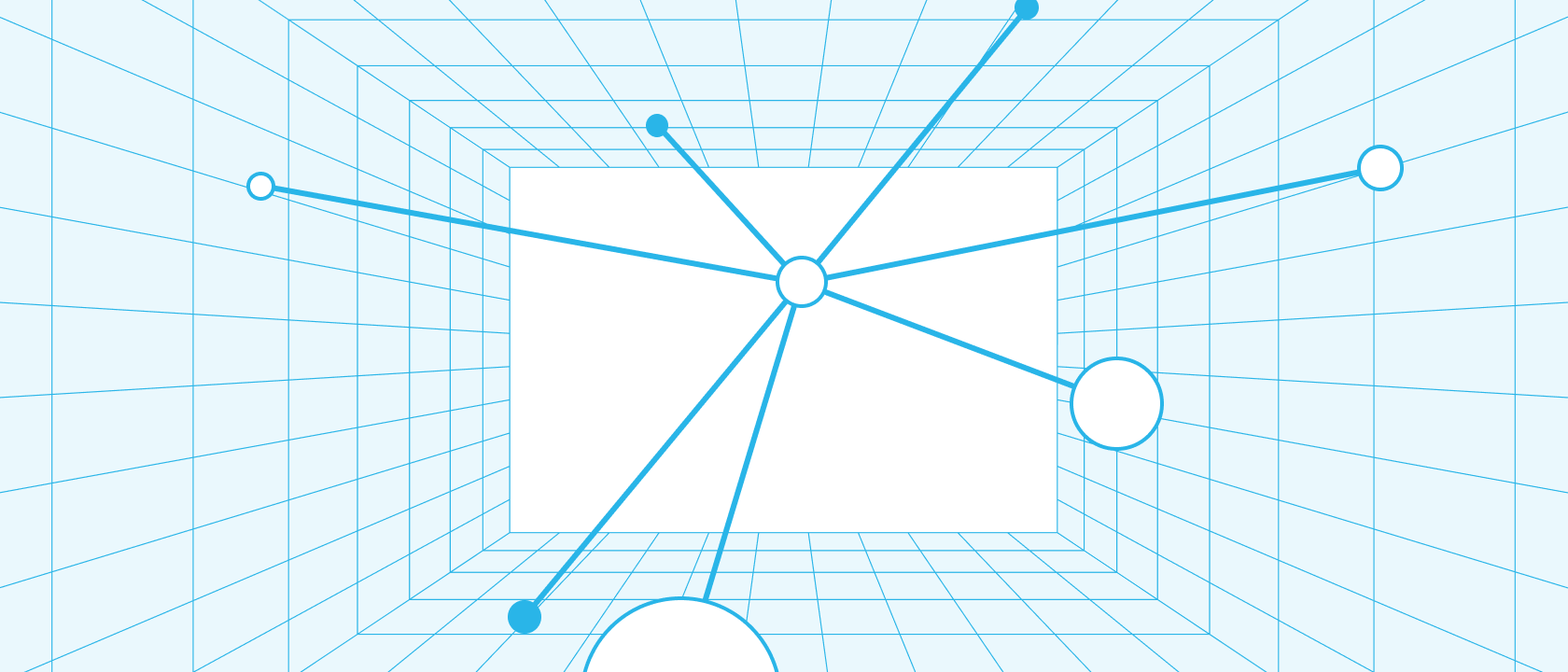3D grid space with blue lines and nodes radiating from a central point, forming a network-like structure