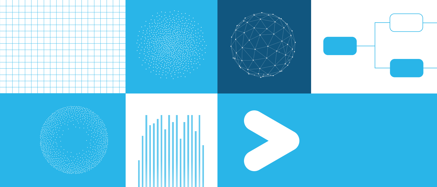 Collage of blue and white data visuals, including grids, dot clusters, a network sphere, flowchart, bar chart, and arrow symbol.