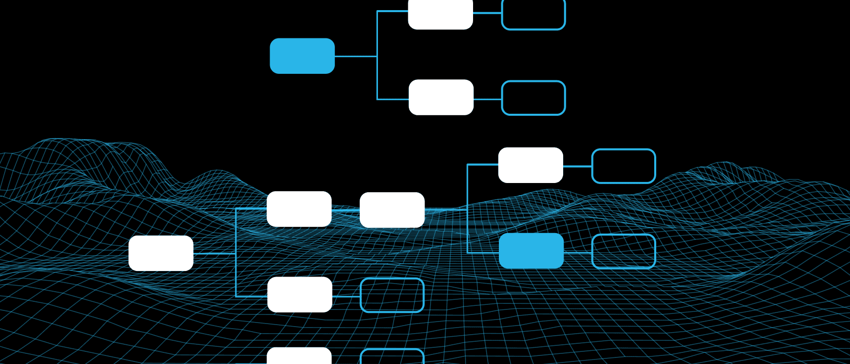 Flowchart with blue and white rectangles connected by lines over a 3D grid background